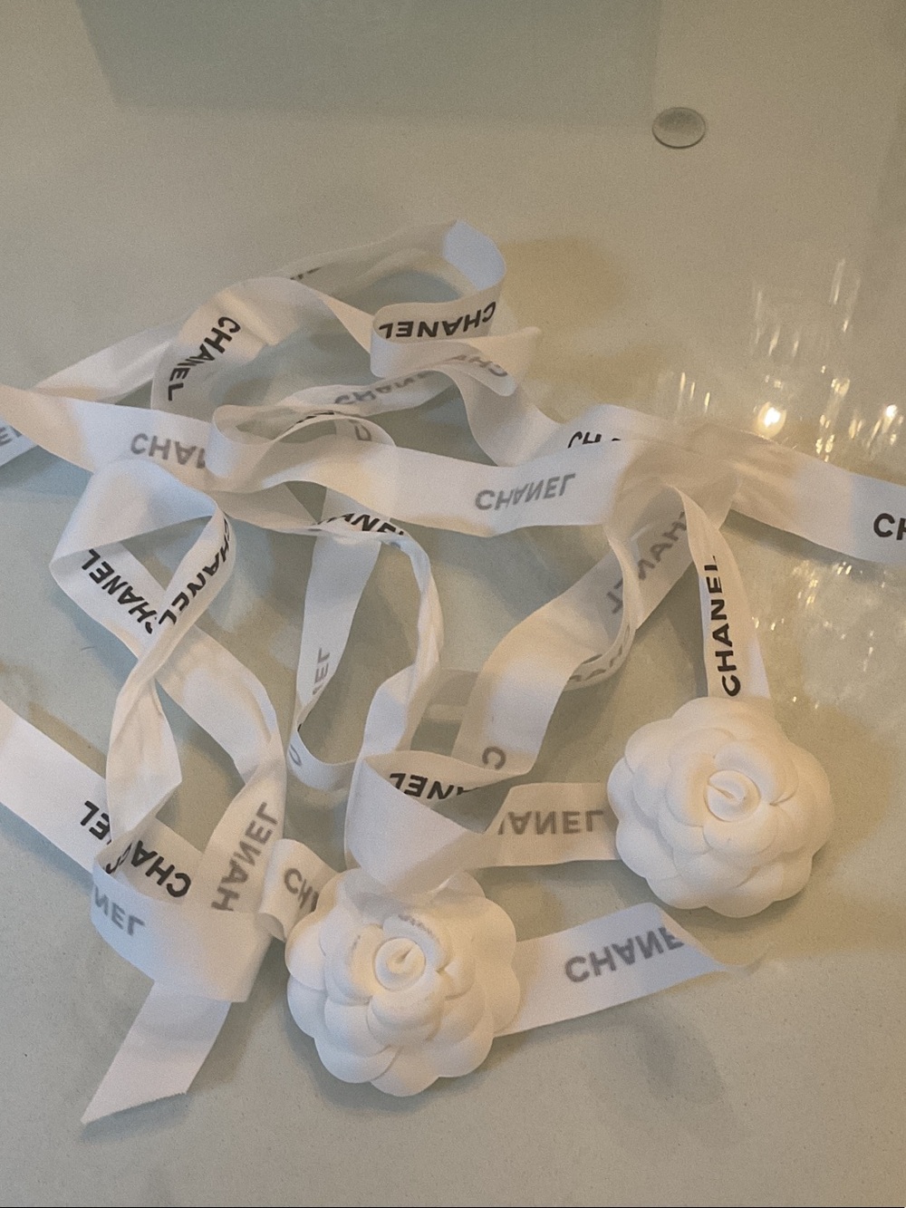 CHANEL White Camellia Ribbon Hair Accessory for Kids or decorate